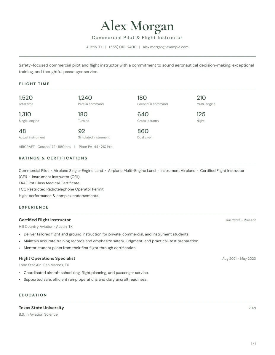 The Classic template: a sample pilot resume with flight time, ratings, experience, and education.